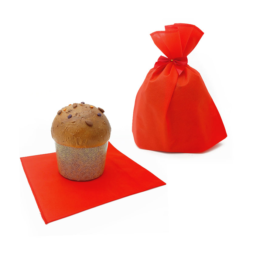 Sacchetto per panettone rosso mostrato chiuso e sotto un panettone