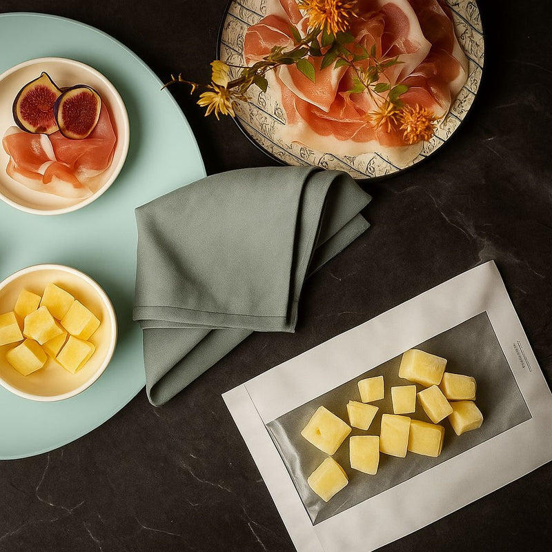 Tavola imbandita con confezione con finestra e formaggi dentro, piatti con prosciutto e fichi