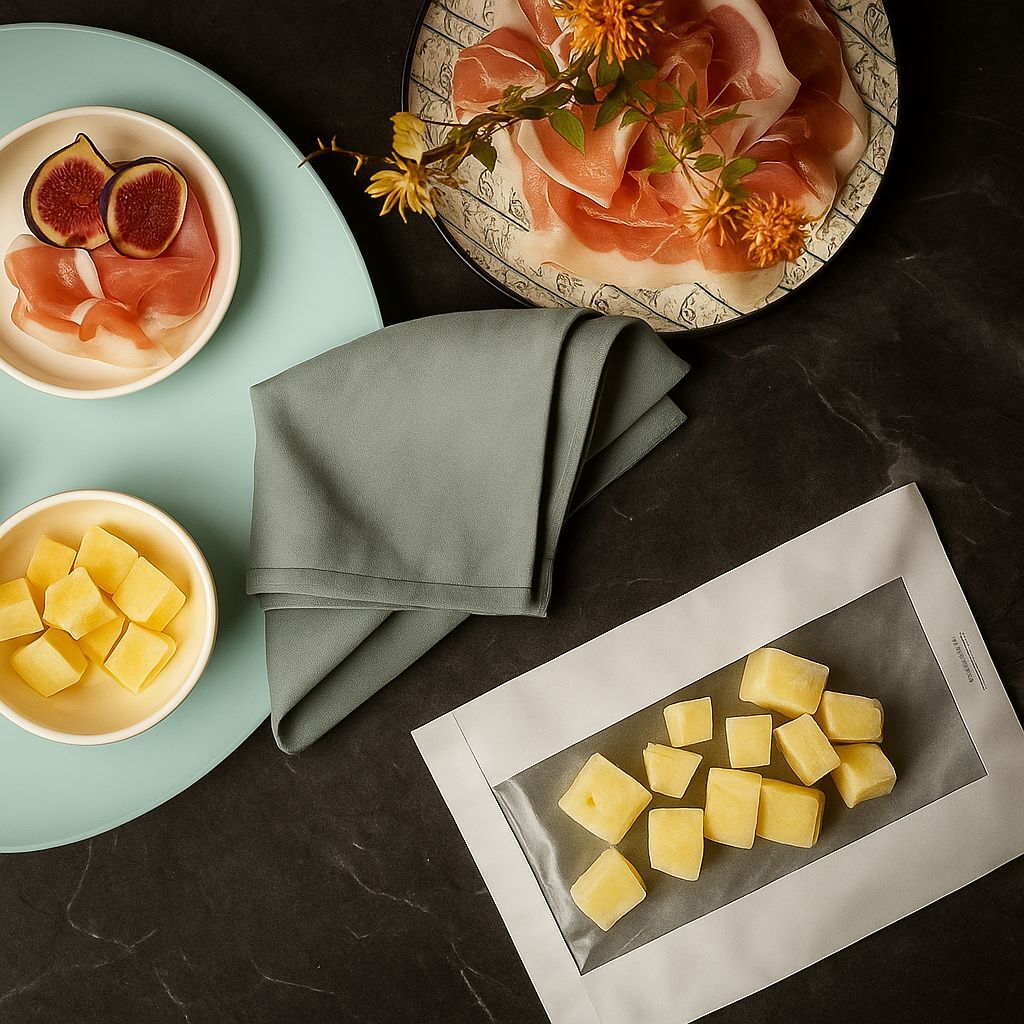 Tavola imbandita con confezione con finestra e formaggi dentro, piatti con prosciutto e fichi