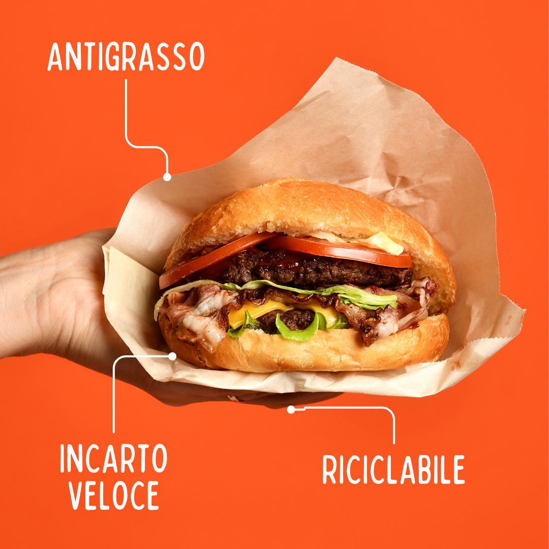Mano che tiene un hamburger con carta antigrasso, sfondo arancione, e scritte sue caratteristiche 