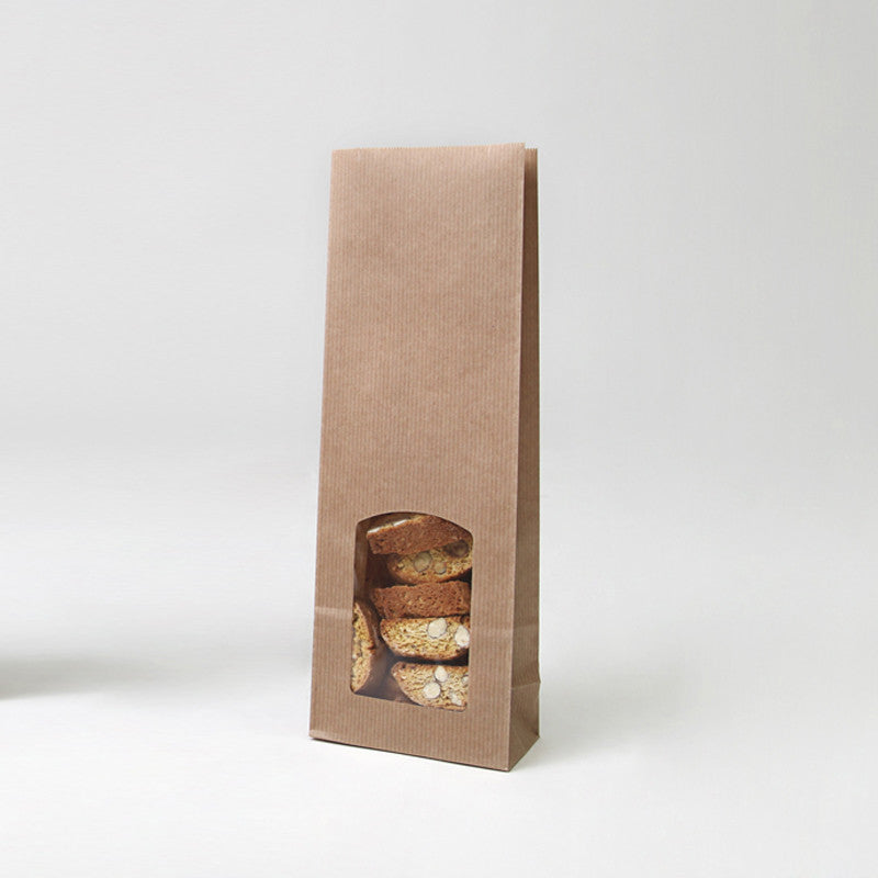 Sacchettino di carta color avana ondulato con finestra pieno di cantucci 
