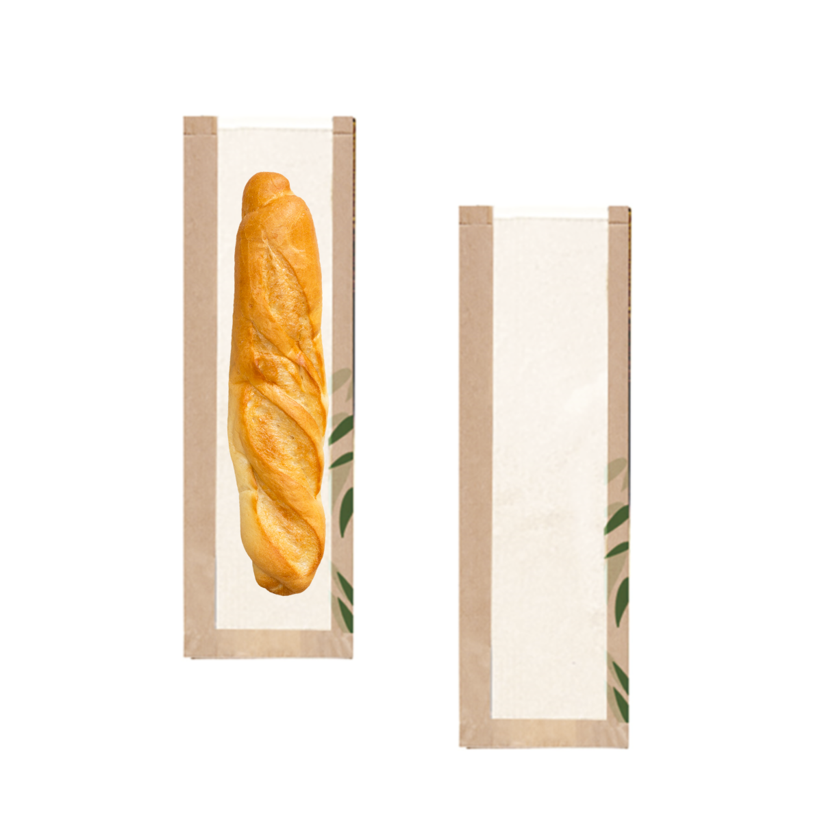Sacchetto bio per baguette in carta color avana con finestra mostrato vuoto e con baguette