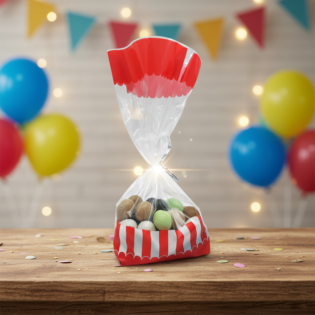 Sacchetto con ovini di cioccolato su un tavolo con dietro palloncini colorati 