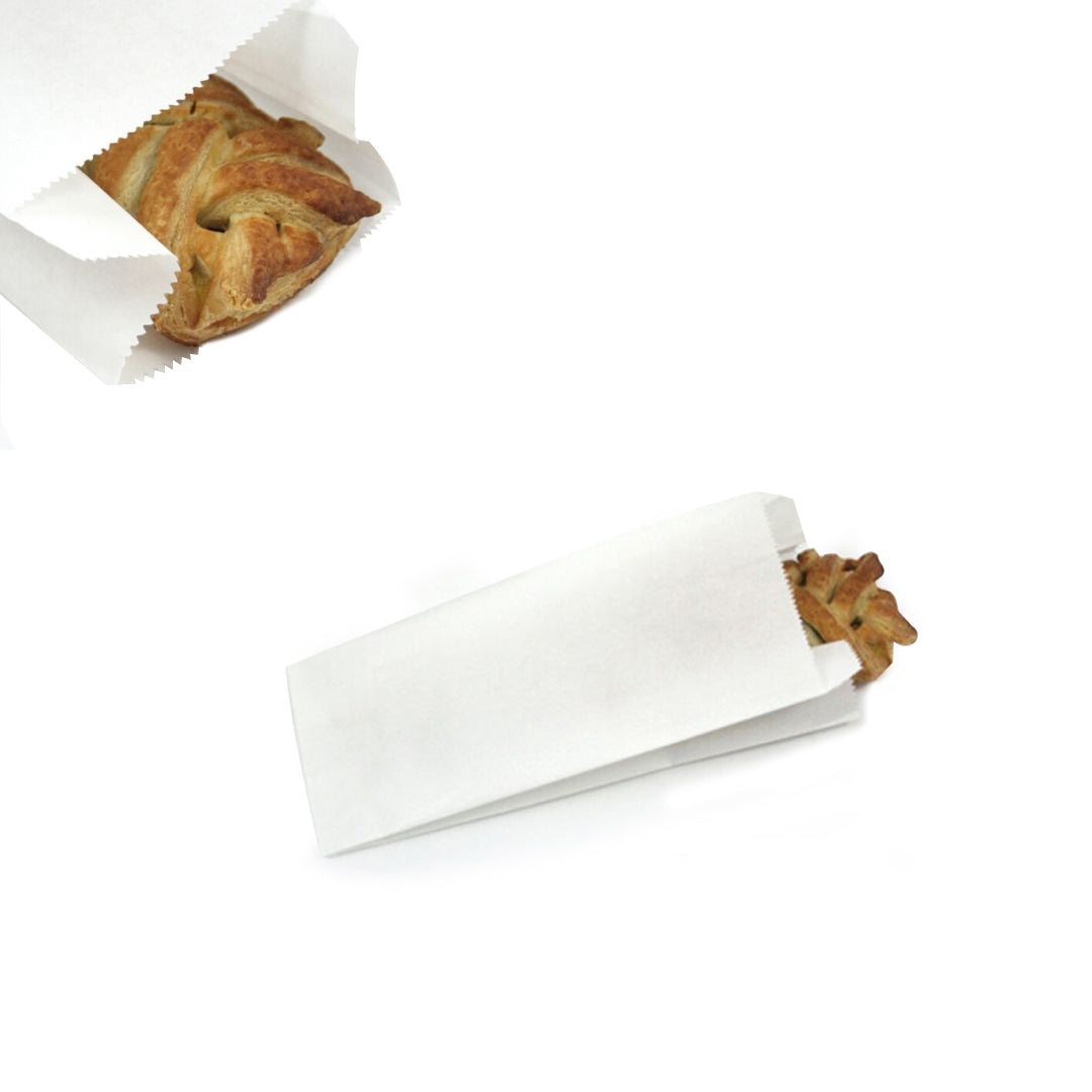 Sacchetto di carta bianco con dentro una brioche mostrato sull'apertura e da sopra