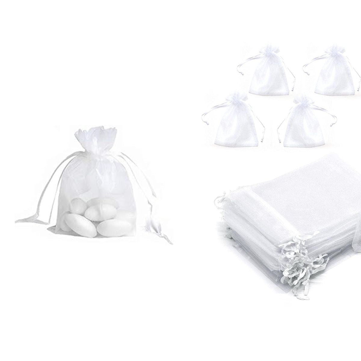Sacchetto in organza, mostrato ripieno di confetti ma manche steso in gruppo