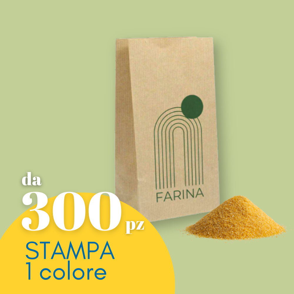 Sacchetto in carta avana per farina con stampa logo personalizzato. Scritta in primo piano da 300pz stampa 1 colore