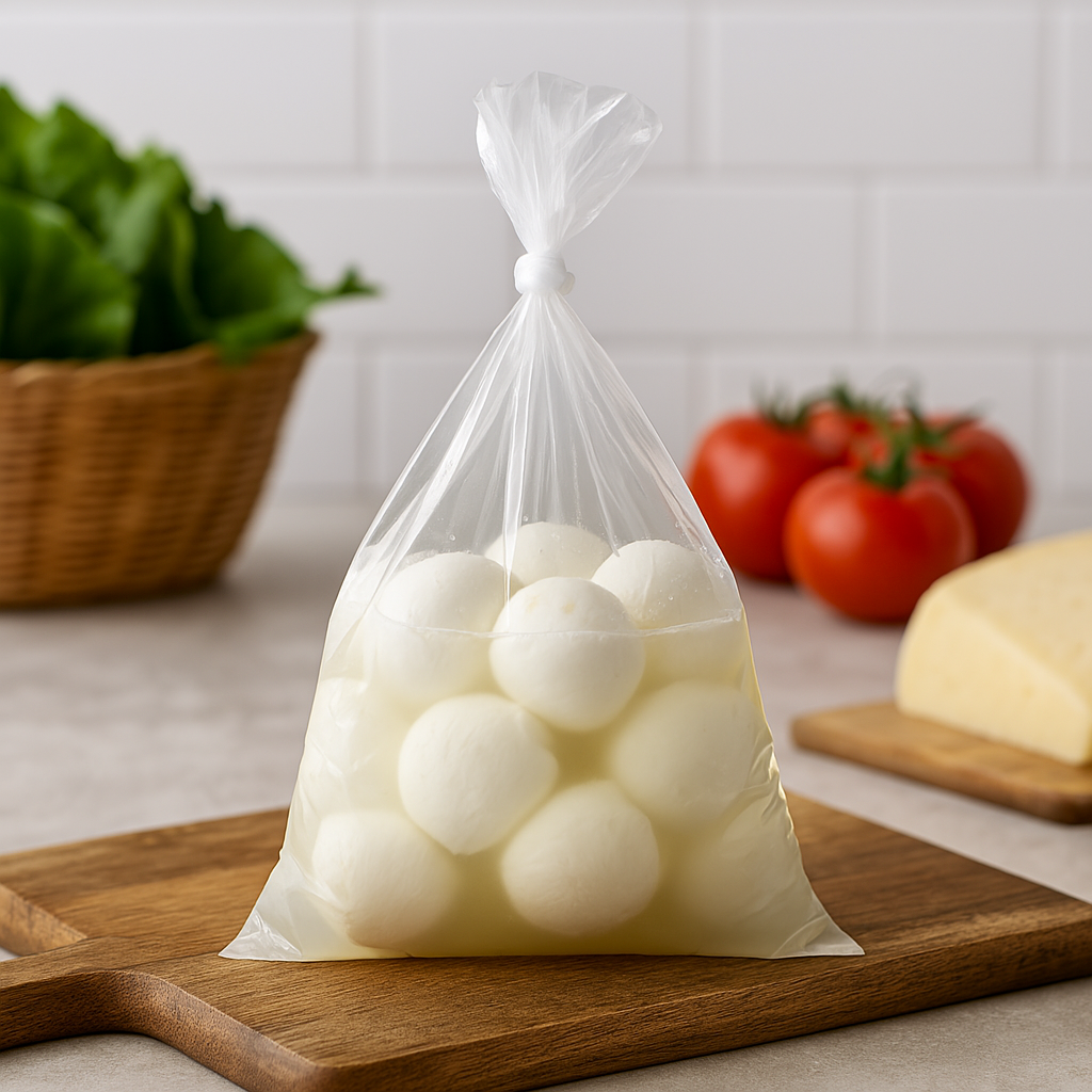 Sacchetto di plastica per mozzarelle, ripieno di mozzarelle e posto su un tagliere in cucina