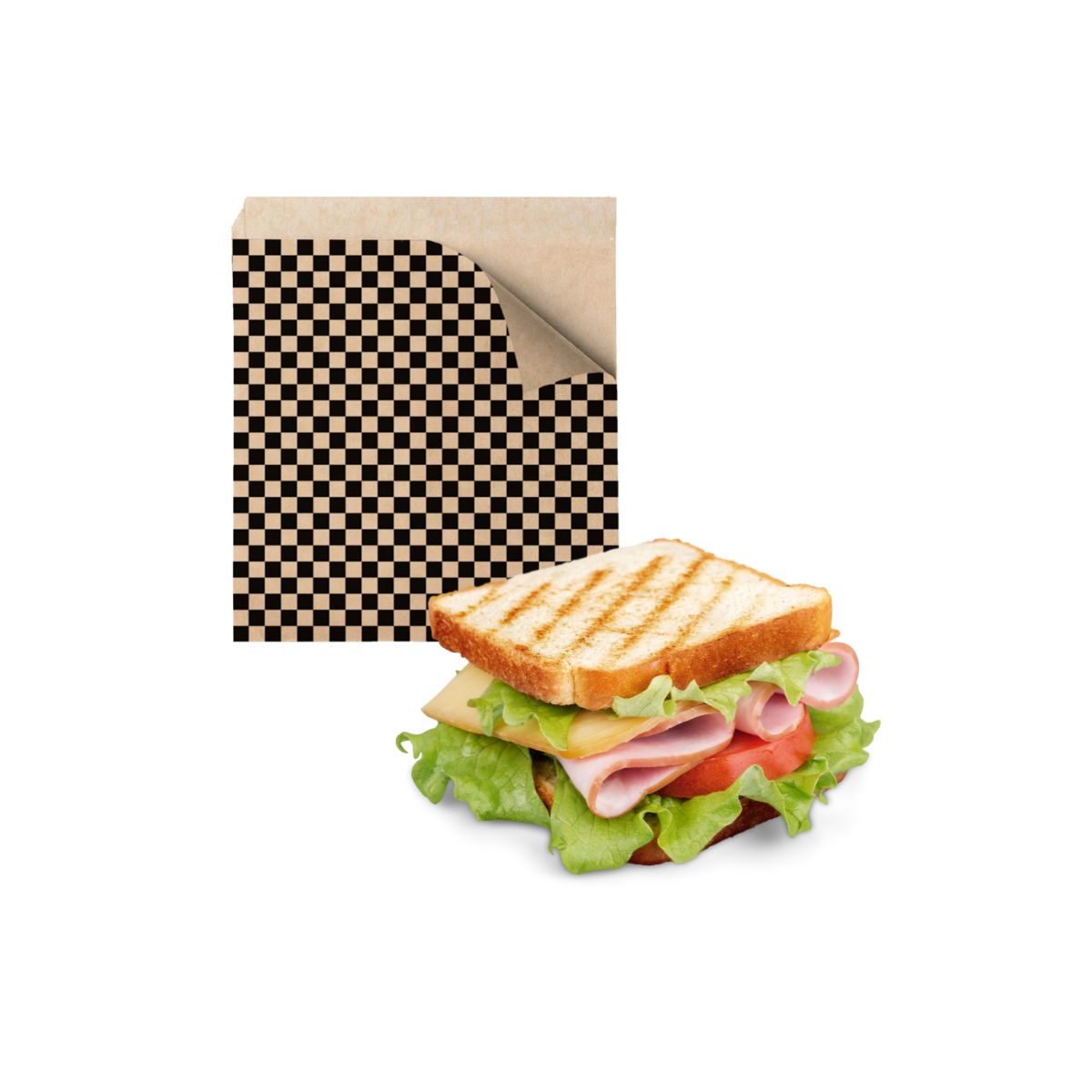 Sacchetto per panino, fantasia a scacchi neri. In primo piano un panino