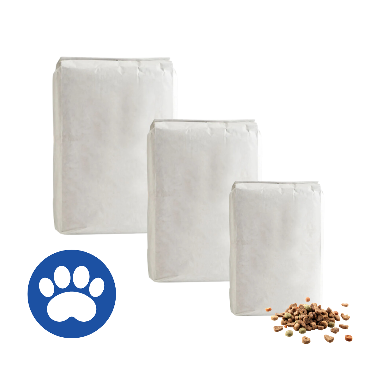 Sacchetto bianco per pet food con vicino crocchette per cani ed il simbolo della zampa di  un cane su cerchio blu. Diverse misure