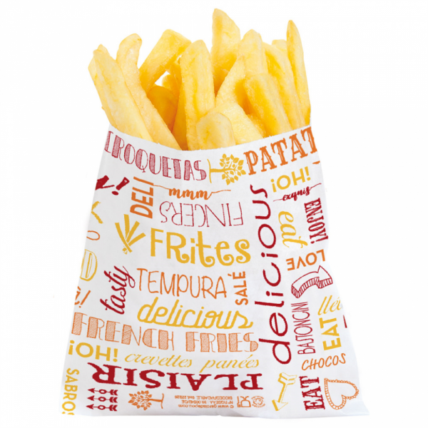 Sacchetto porta patatine con stampa parole, ripieno di patatine fritte