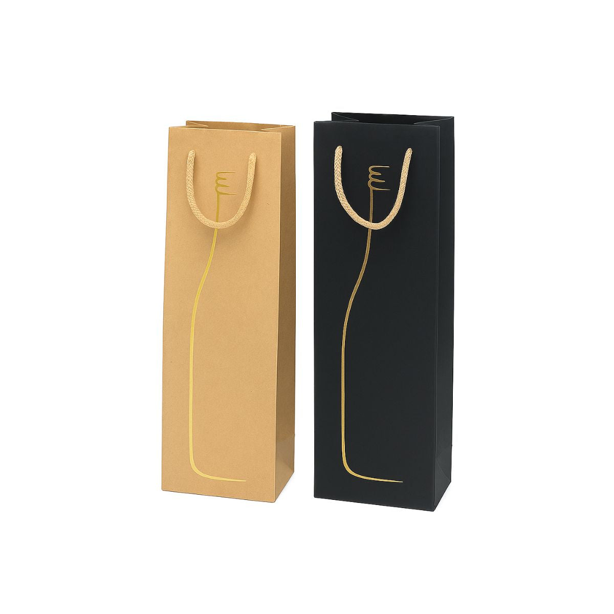 Sacchetti porta bottiglia color avana e nero con stampa silhouette  oro bottiglia