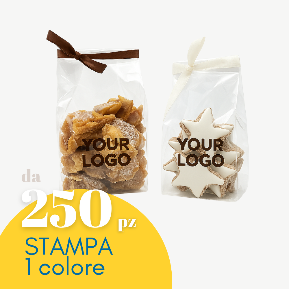 Sacchetto trasparente per alimenti per biscotti o pasta personalizzabile con stampa 1 colore.