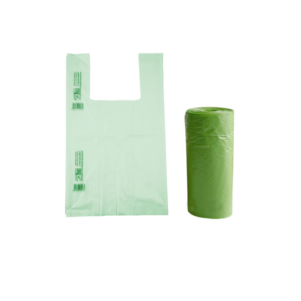 Sacchetto verde bio, mostrato steso e nel rotolo