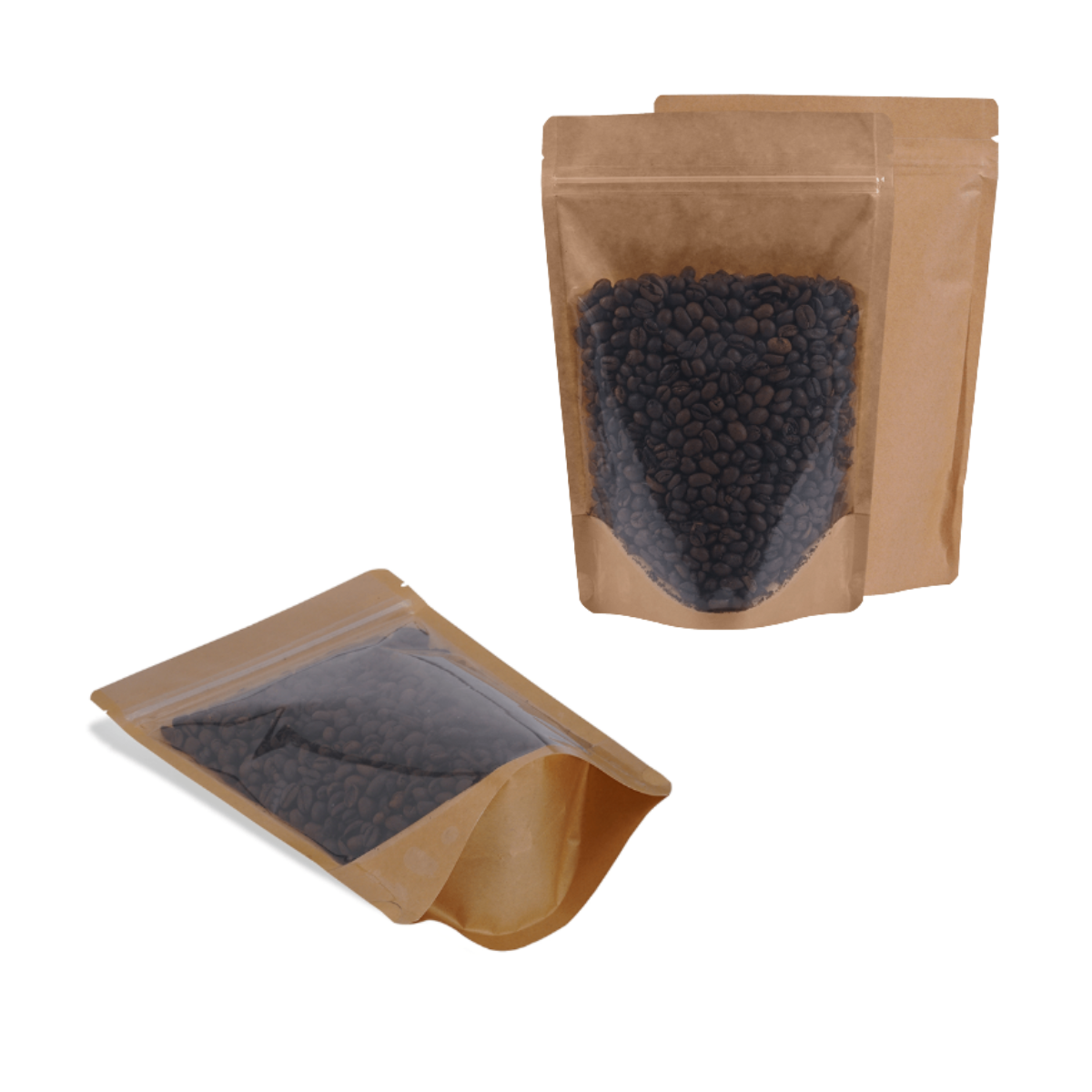 Sacchetti di carta con zip e trasparenti pieni di chicchi di caffe