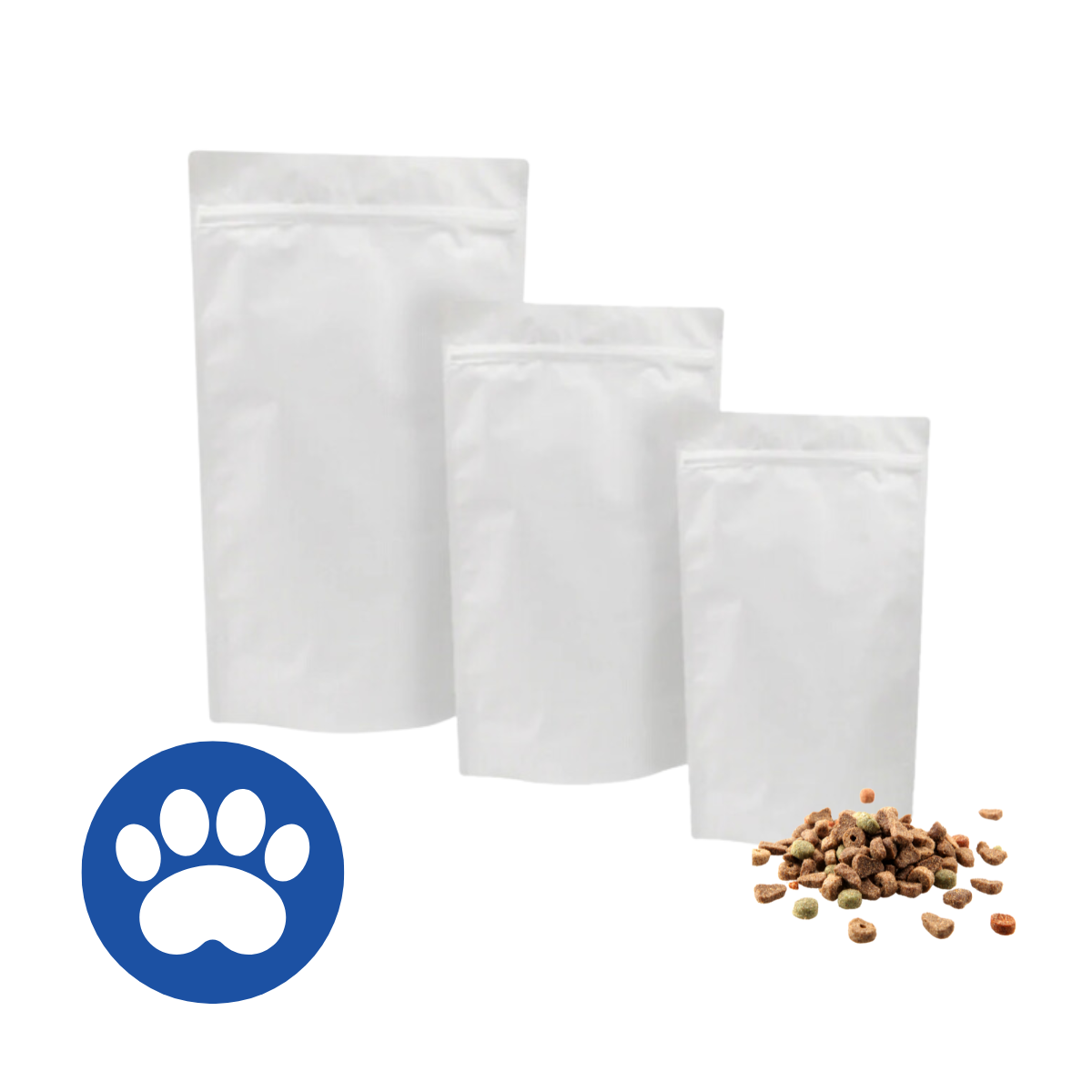 Sacchetto bianco per pet food con vicino crocchette per cani ed il simbolo della zampa di  un cane su cerchio blu