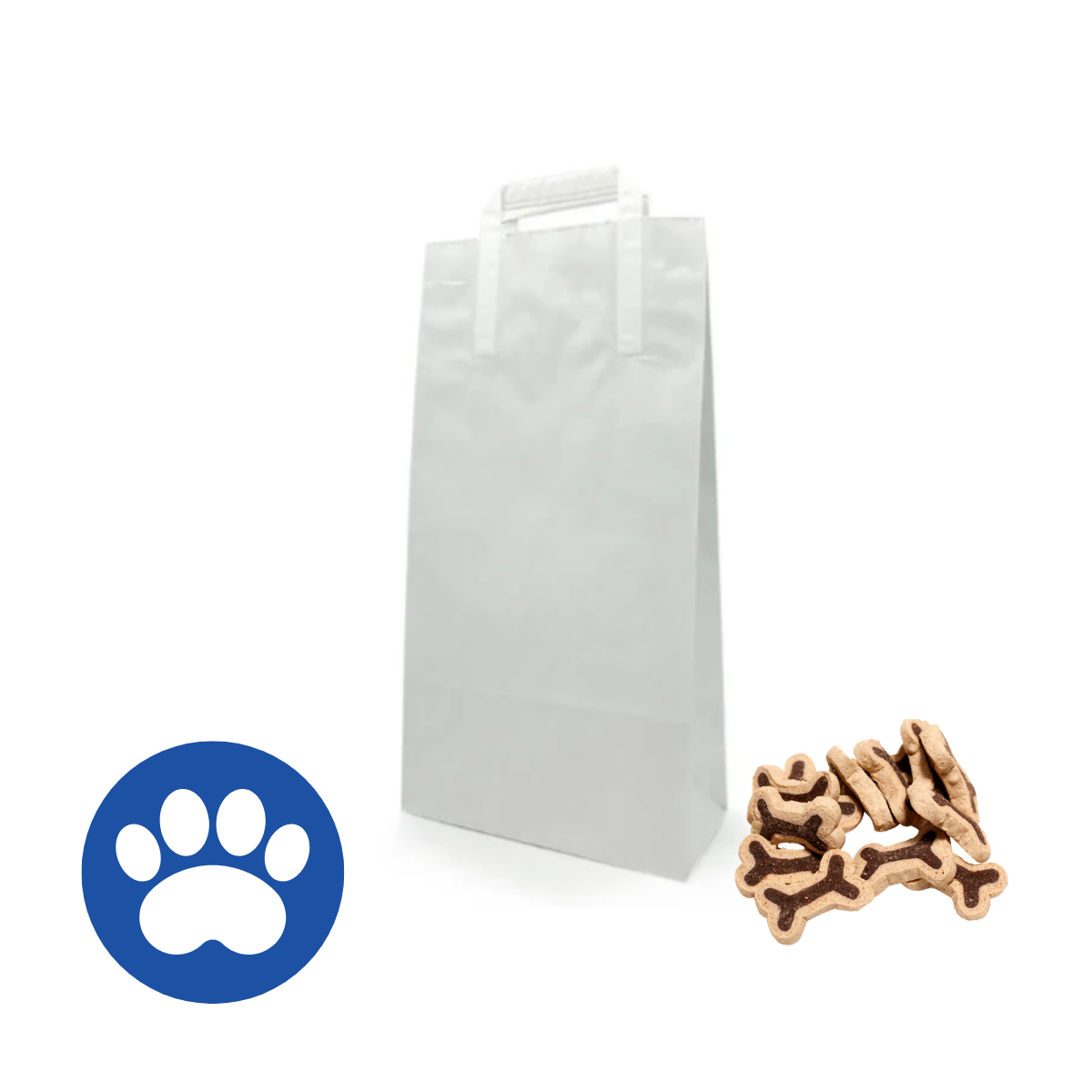 Sacchetto bianco per pet food con vicino crocchette per cani ed il simbolo della zampa di  un cane su cerchio blu