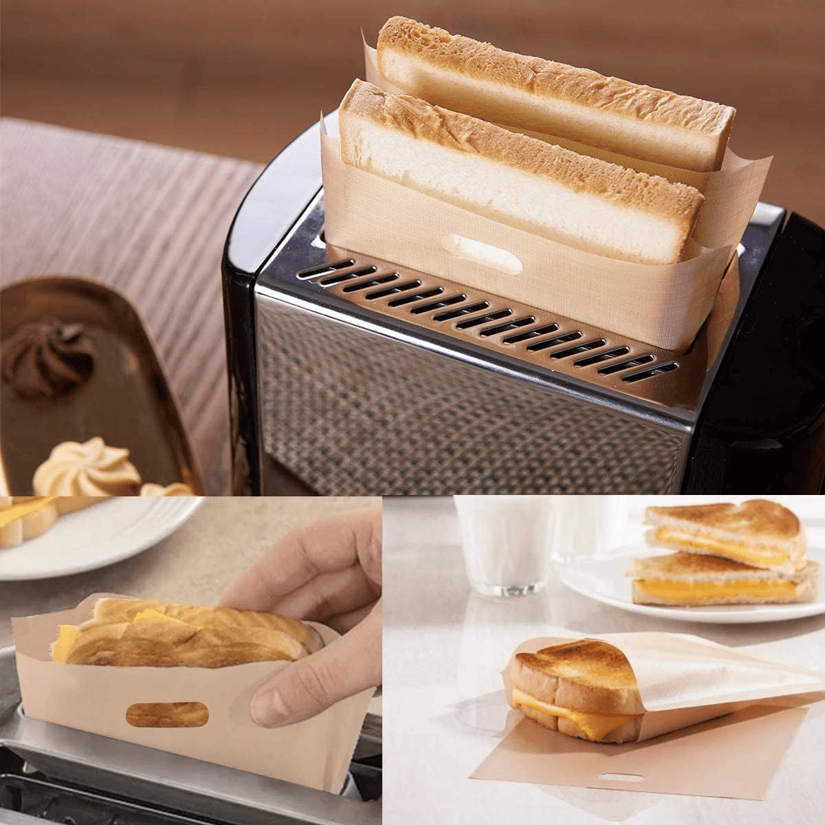 Sacchetto per toast mostrato nei vari uso con dentro dei toast 