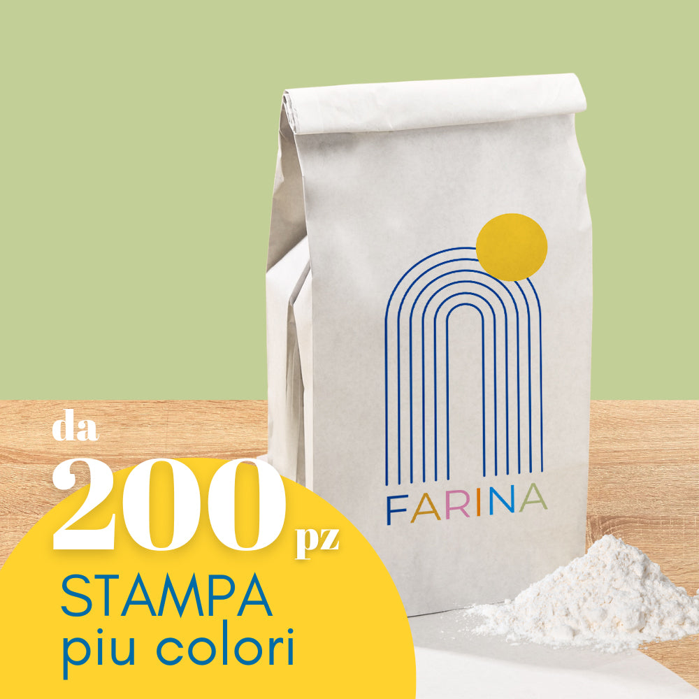 Sacchetto in carta per farina personalizzabile a 4 colori con il tuo logo. Scritta in primo piano da 200 pz Stampa più colori