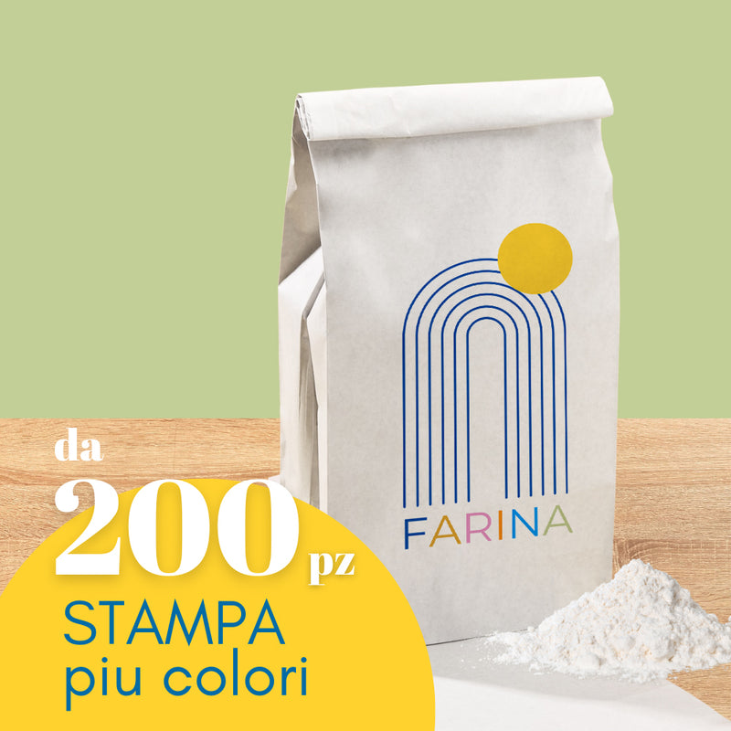 Sacchetto in carta per farina personalizzabile a 4 colori con il tuo logo. Scritta in primo piano da 200 pz Stampa più colori