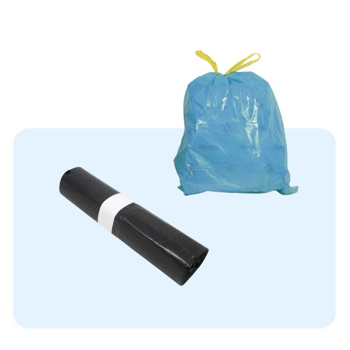 Banner azzurro con rotolo di sacchetti neri per pattumiera e sacchetto azzurro per rifiuti
