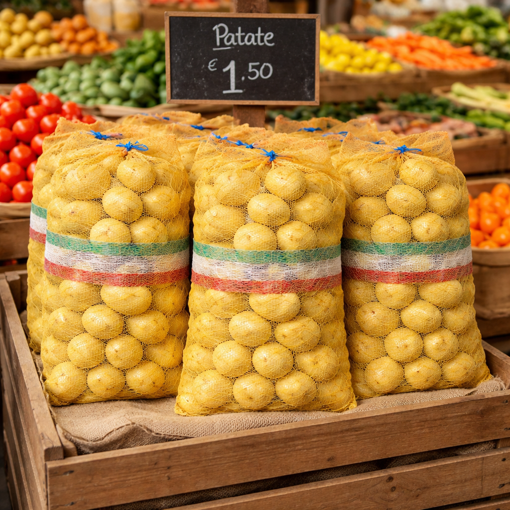 Tre reti per patate, pieni, all'interno di un negozio 