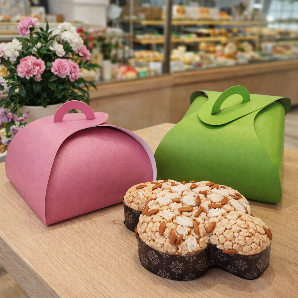 Scatole porta colomba, una rosa ed una verde, vicino ad una colomba, sul tavolo di legno di una pasticceria vicino ad un vaso di fiori 