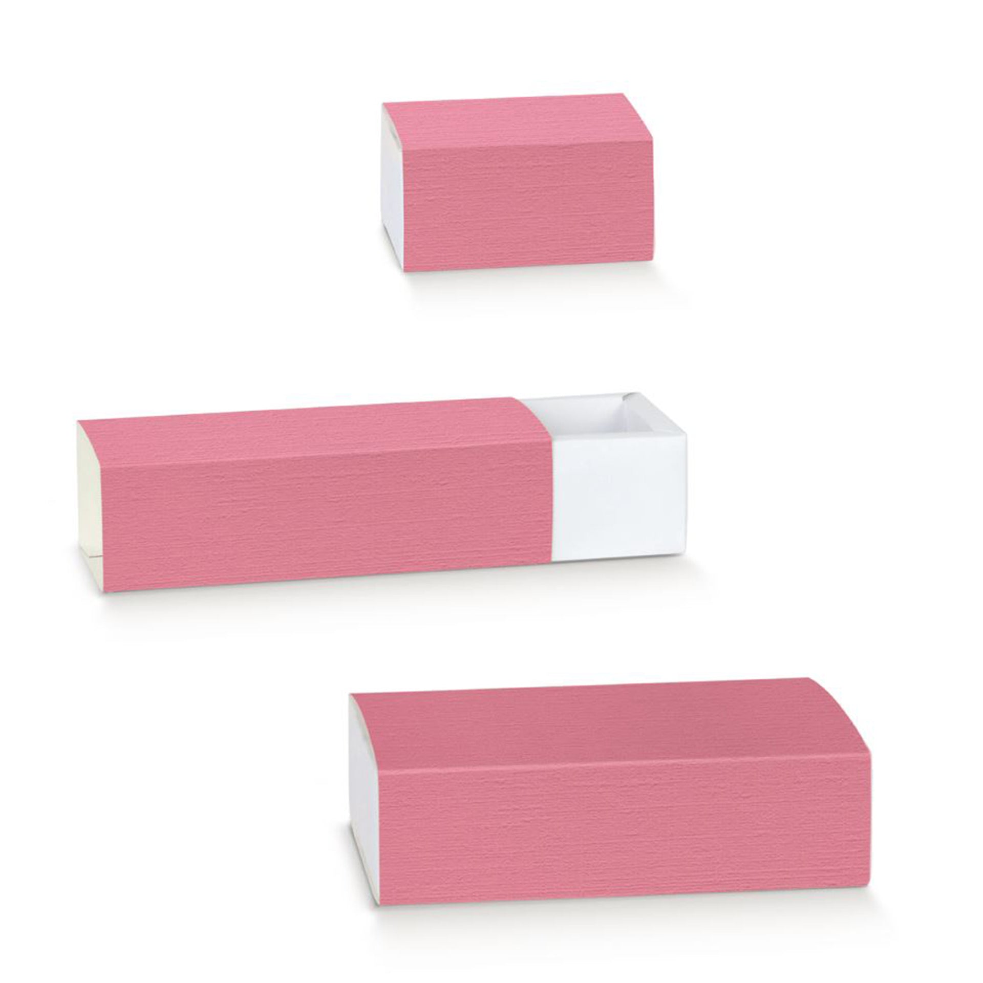 Scatola di carta fucsia con astuccio, mostrata di diverse misure 
