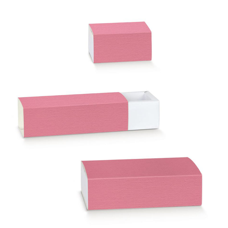 Scatola di carta fucsia con astuccio, mostrata di diverse misure 