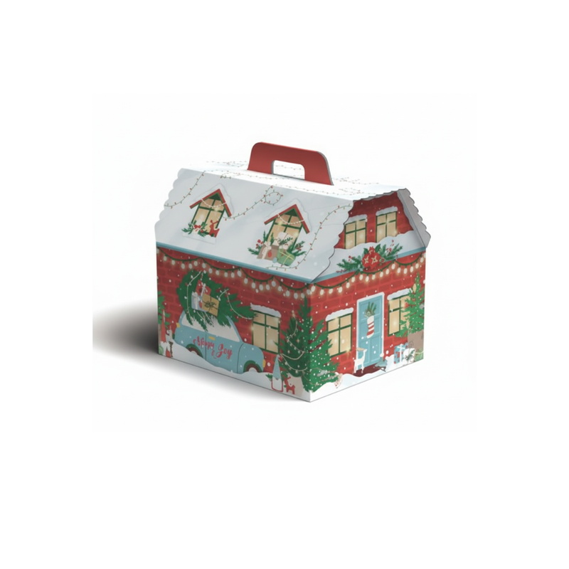 Scatola porta panettone a forma di casa addobbata natalizia 