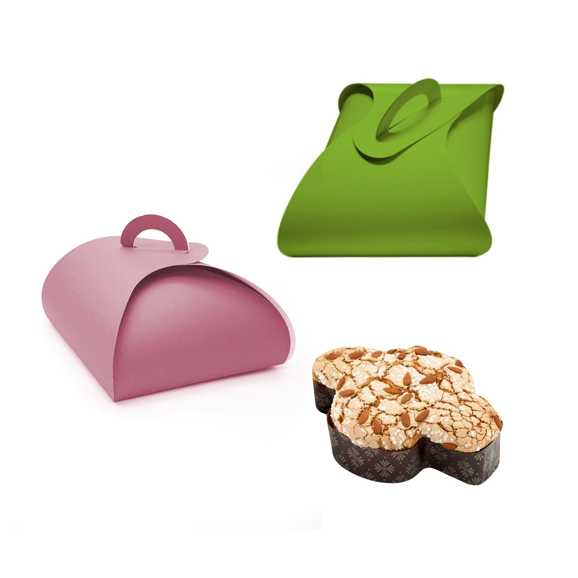Scatola porta colomba, rosa e una verde. Una colomba pasquale