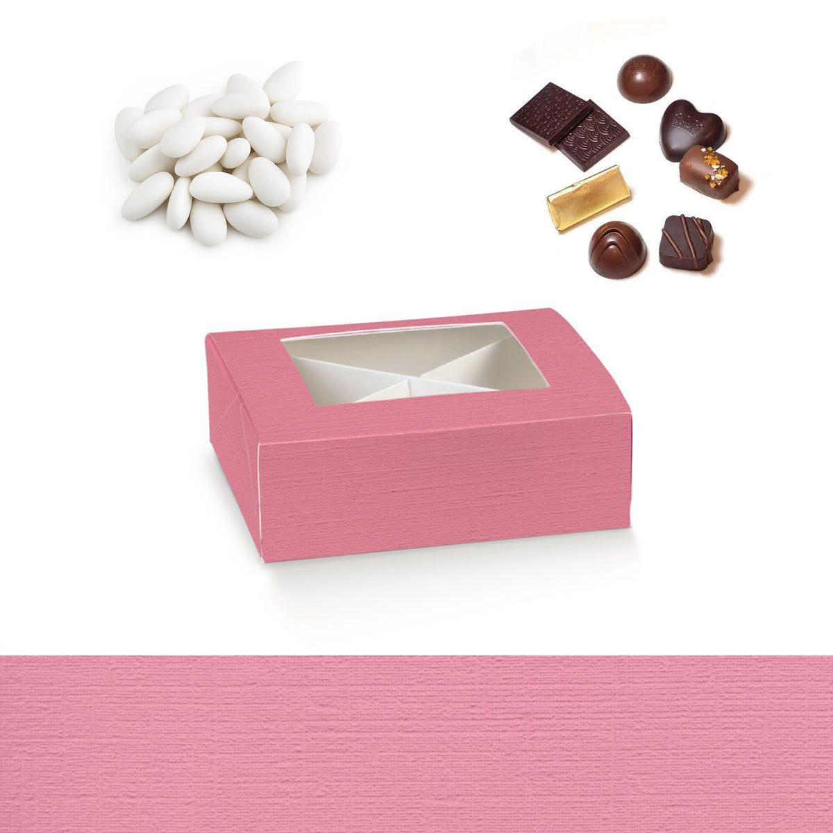 Scatola di carta fucsia con divisori e finestra . confetti, cioccolatini ed esempio colore 