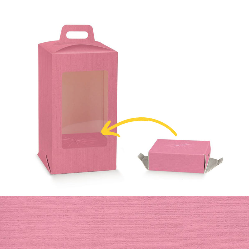 Scatola fucsia con finestra porta uovo di cioccolato, base della scatola e dettaglio della trama 