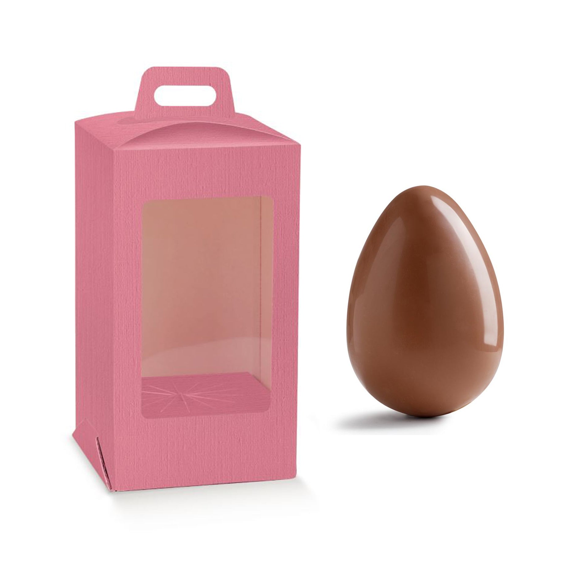 Scatola fucsia con finestra porta uovo di cioccolato, e uovo di cioccolato 