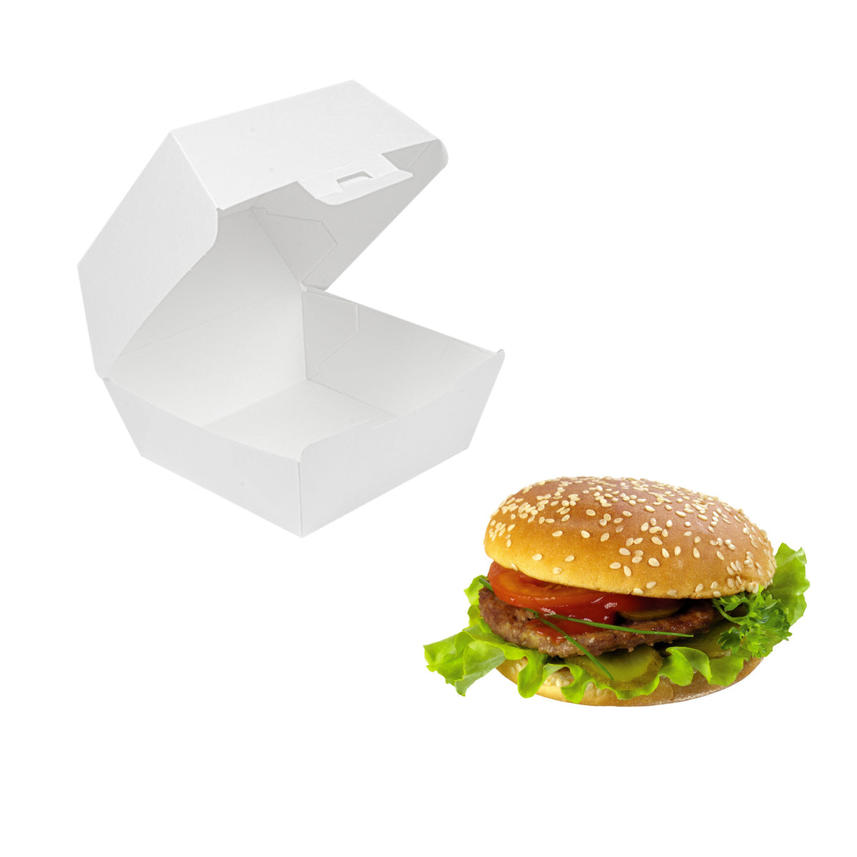 Scatola per hamburger bianca aperta e vuota ed un hamburger vicino 