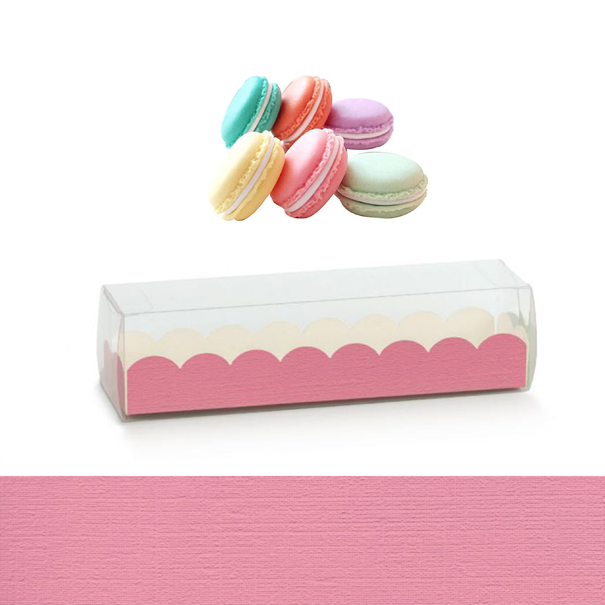 Scatola per macarons,  fucsia e coperchio trasparente , sei macarons ed esempio colore