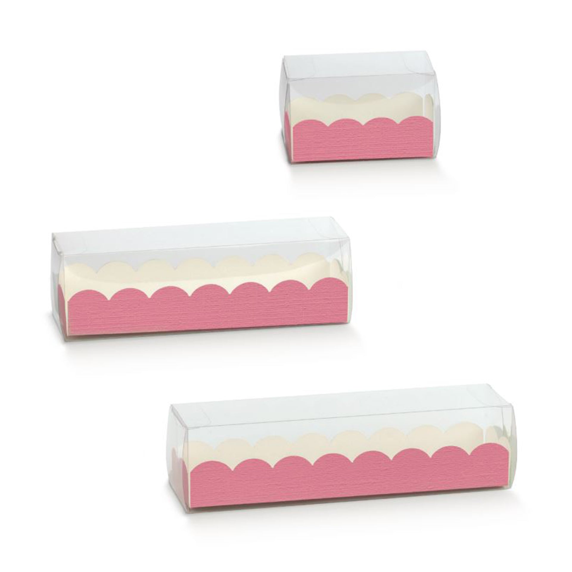 Scatola per macarons,  fucsia e coperchio trasparente 3 diverse misure
