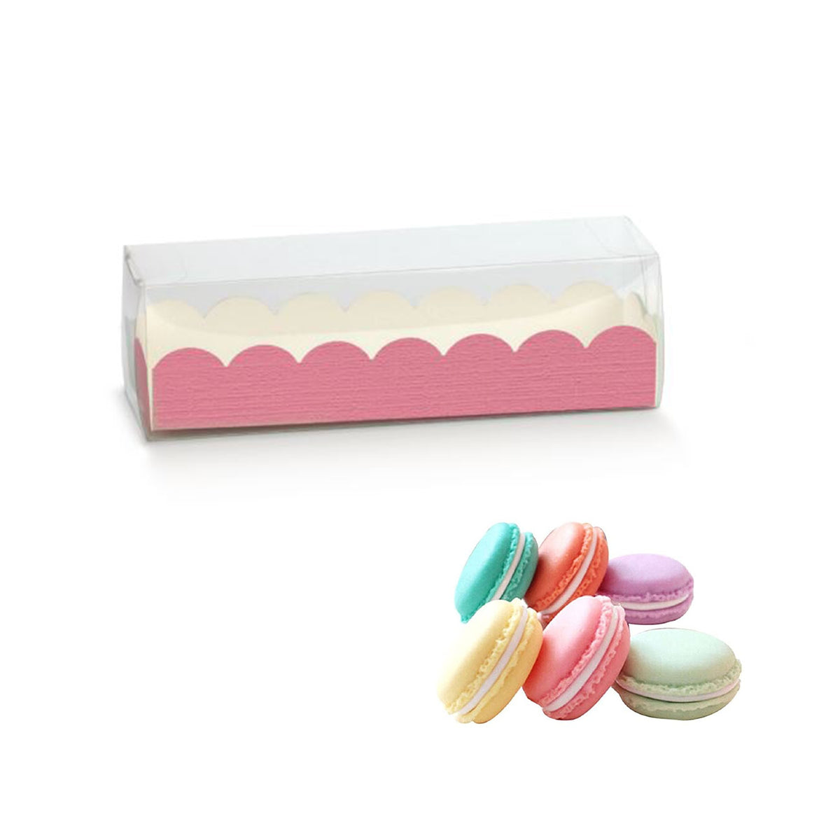 Scatola per macarons,  fucsia e coperchio trasparente  e sei macarons