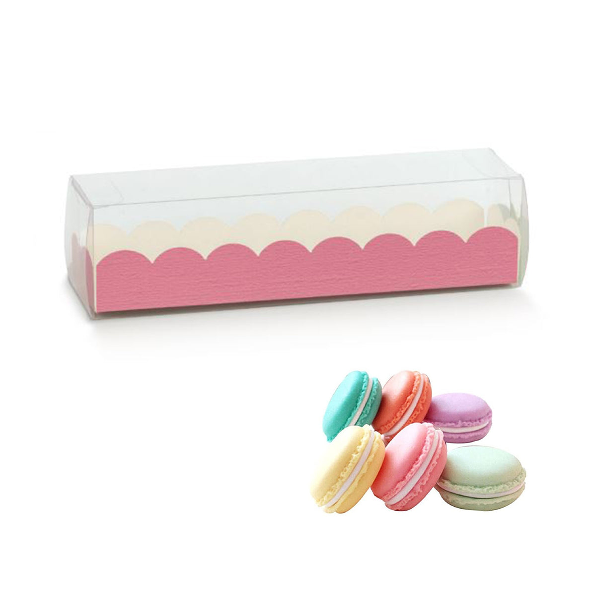 Scatola per macarons,  fucsia e coperchio trasparente  e sei macarons