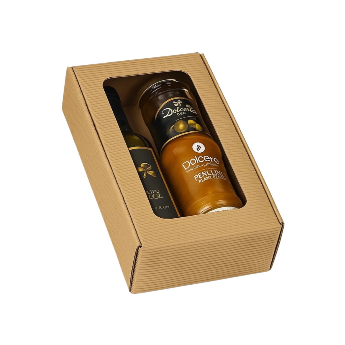 Scatola avana con finestra con bottiglia d'olio e due barattoli dentro 
