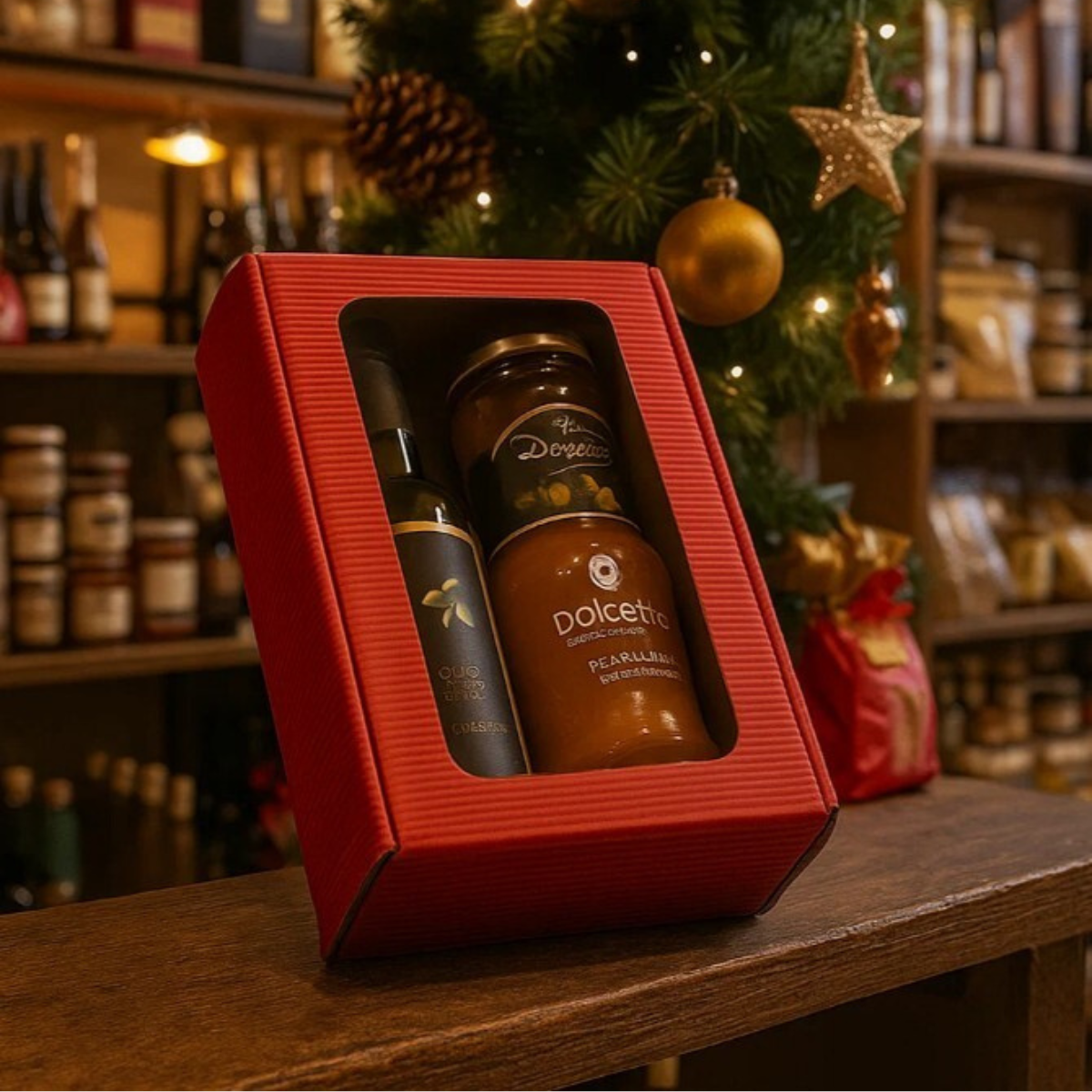 Scatola di cartone rossa in una enogastronomia, vicino ad un albero di natale, con finestra, con dentro bottiglietta d'olio e due  barattoli