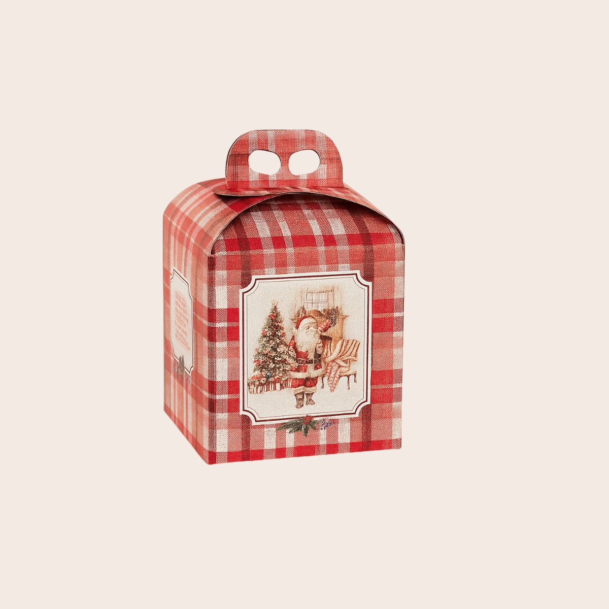 Scatola per panettone , con fantasia scacchi bianco rossa e immagine babbo natale retrò