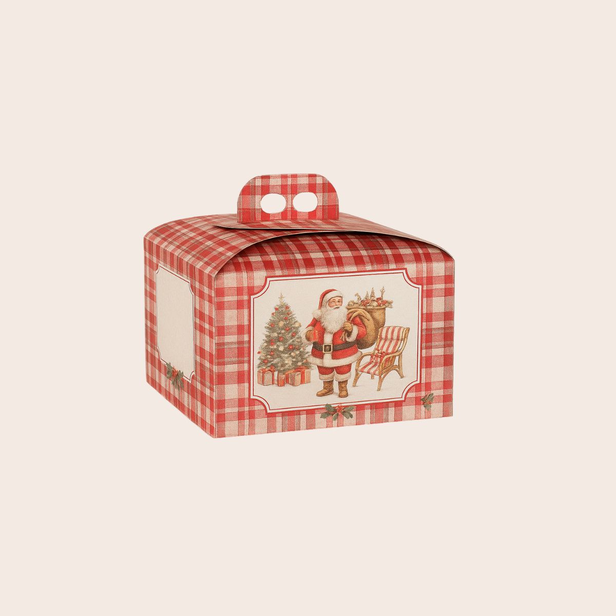 Scatola per panettone basso, con fantasia scacchi bianco rossa e immagine babbo natale retrò