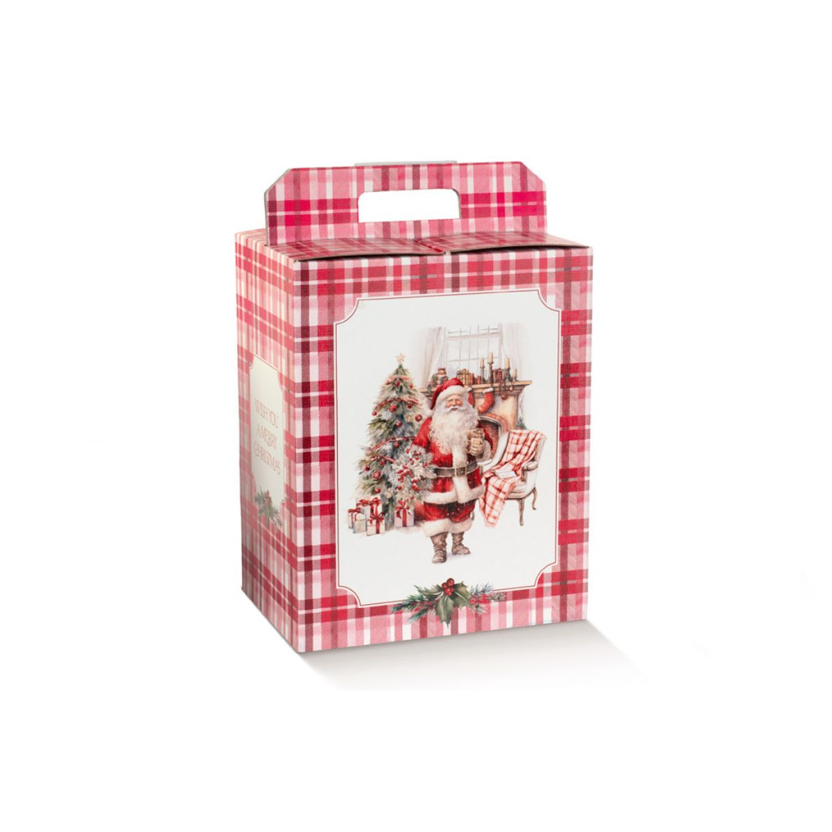 Scatola porta panettone e bottiglia, fantasia scozzese con babbo natale e scena natalizia