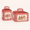 Scatola per panettone basso e scatola per panettone, con fantasia scacchi bianco rossa e immagine babbo natale retrò