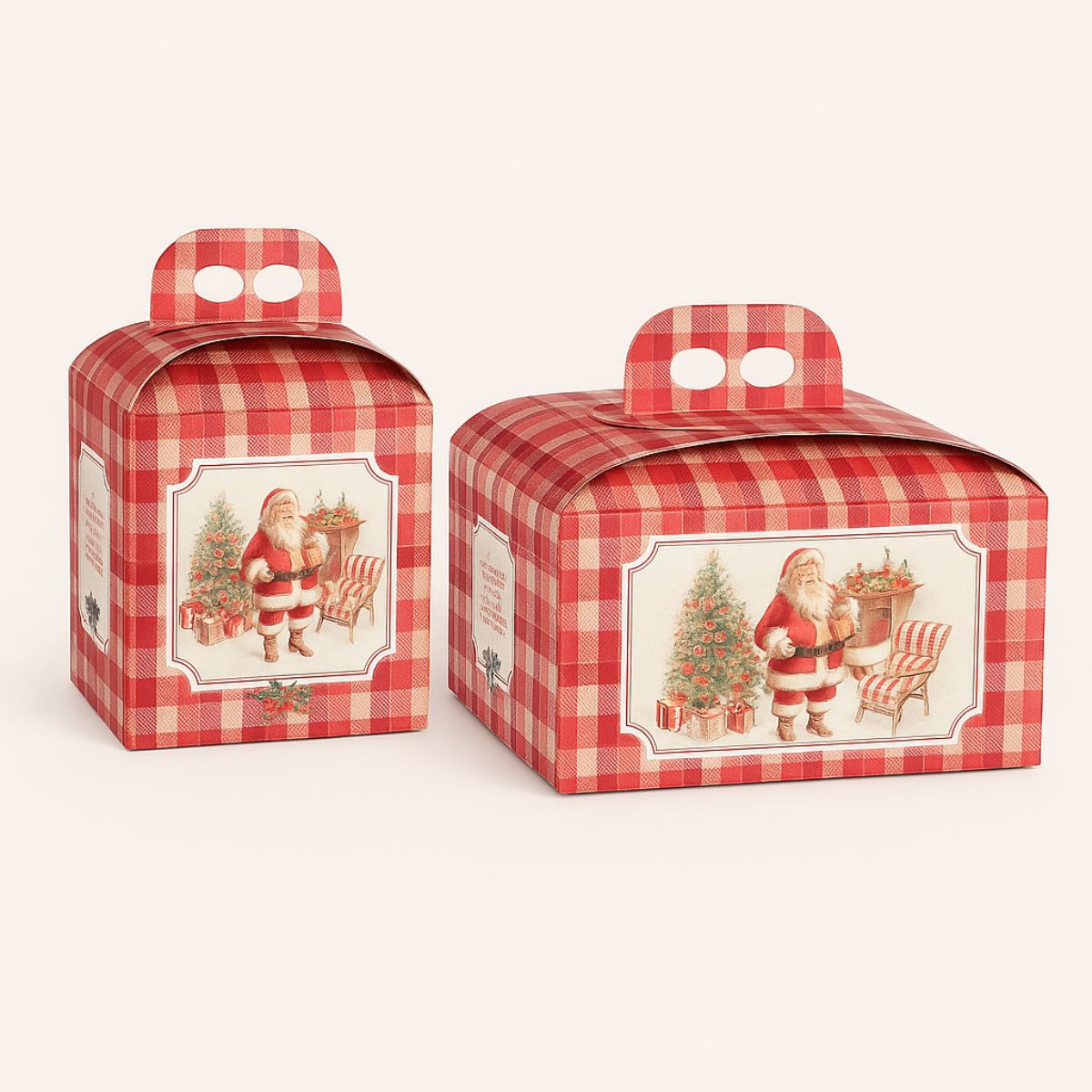Scatola per panettone basso e scatola per panettone, con fantasia scacchi bianco rossa e immagine babbo natale retrò