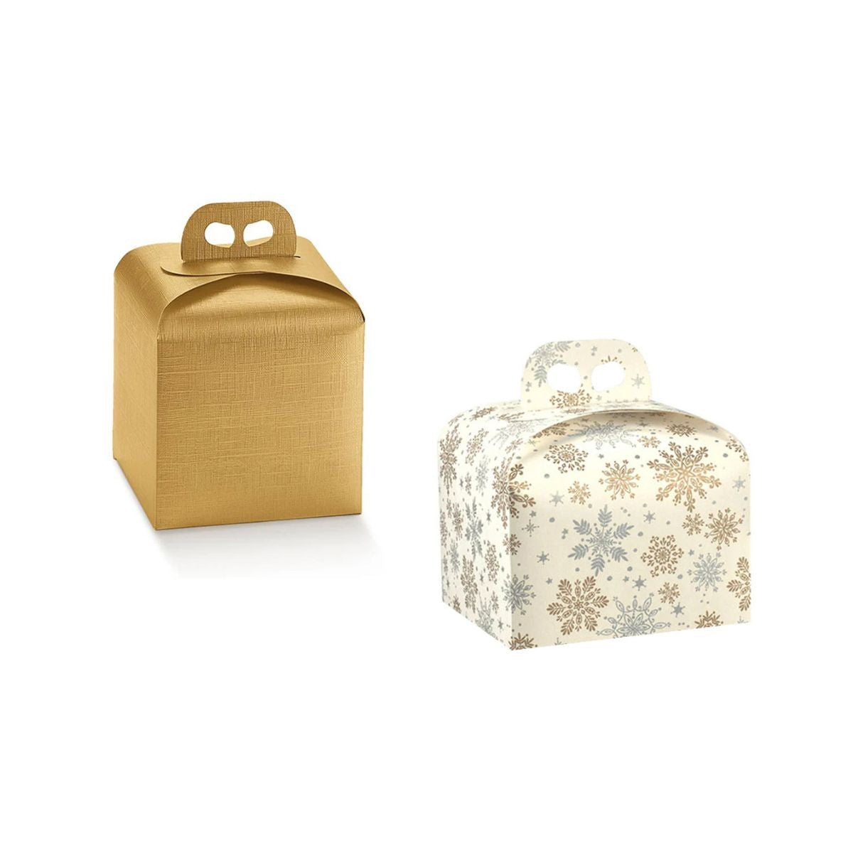 Scatola per panettone, color oro e scatola panettone bianca con fantasie di cristalli di neve
