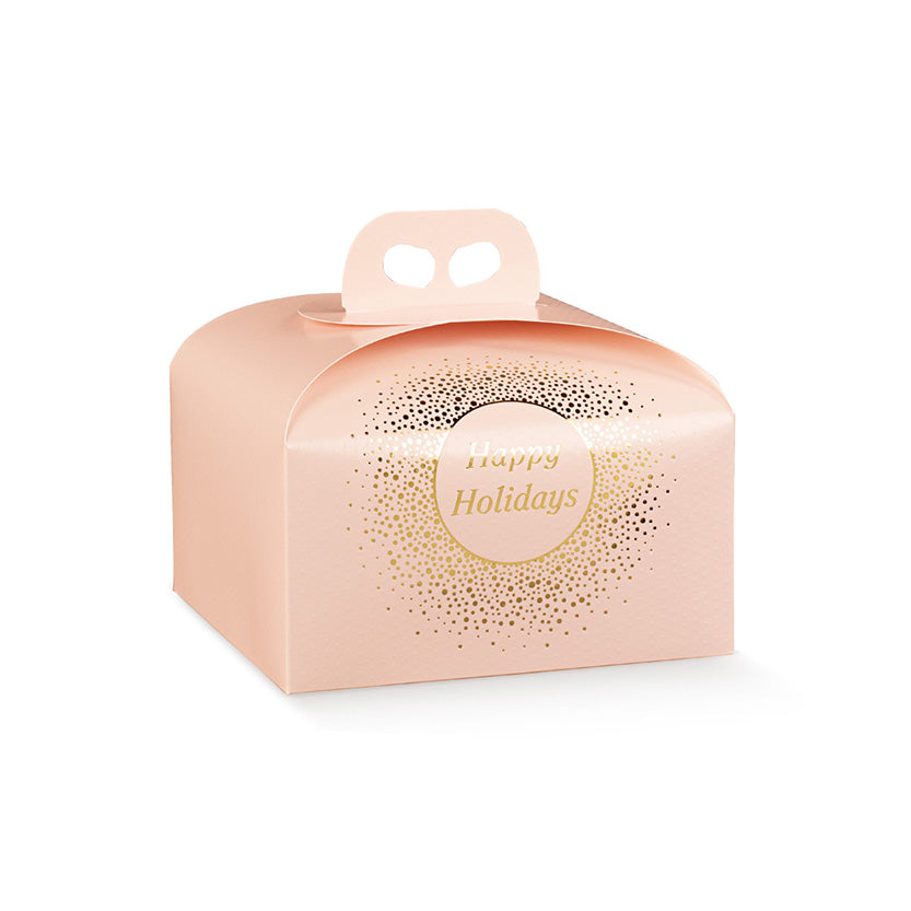 Scatola per panettone basso rosa con scritta oro happy holidays