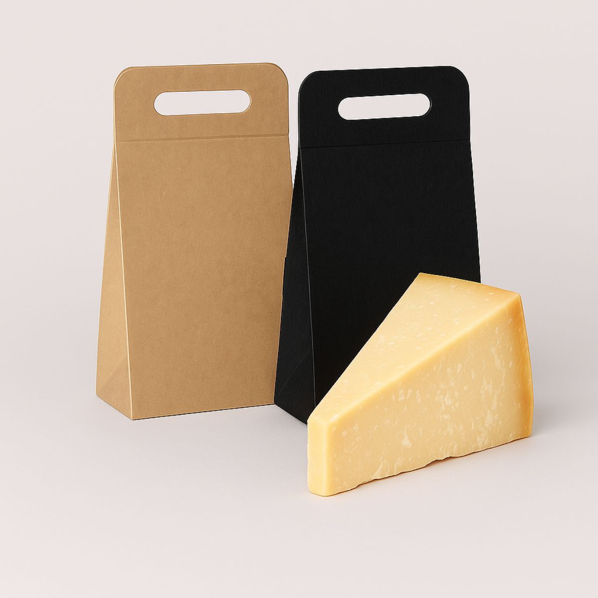 Scatola per parmigiano, nella versione avana, in quella nera a fetta di formaggio di fronte