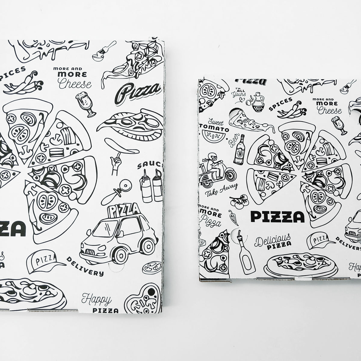 Scatola pizza con fantasia bianca e nera, chiusa , due diversi formati