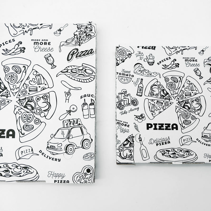 Scatola pizza con fantasia bianca e nera, chiusa , due diversi formati